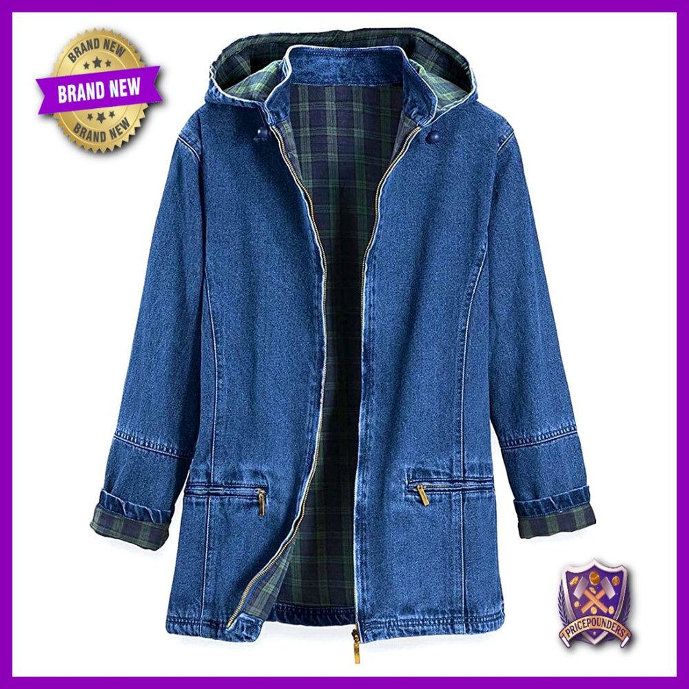 Flannel Lined Denim Jacket Detachable Hood Zip Pockets Classic Casual